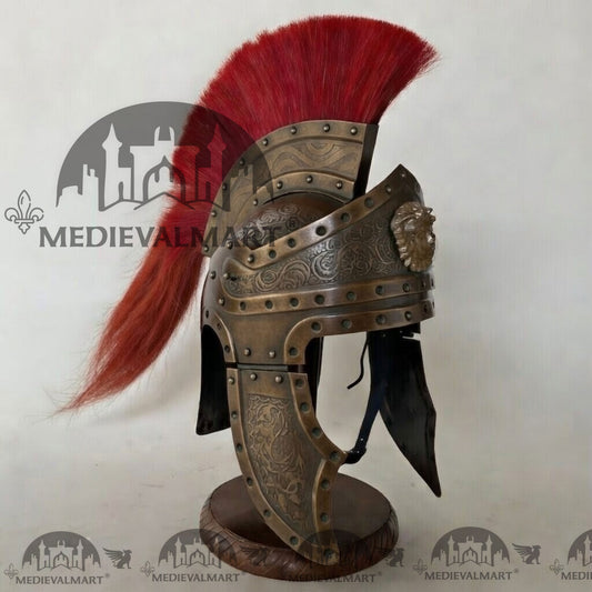 MEDIEVALMART Casque de centurion romain médiéval finition bronze antique avec panache rouge ou support en bois offert