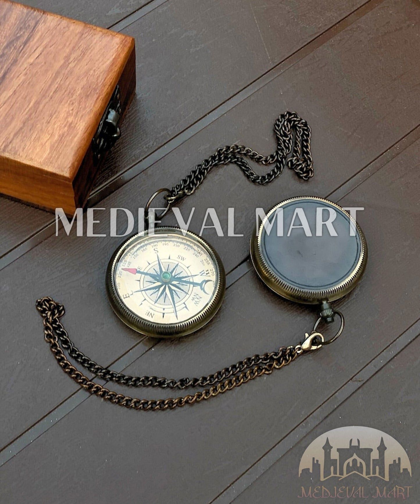MEDIEVALMART Nautical Custom Engrave Adventure Locket Compass Black Finish W/H Gen-1 Wooden Case| Gift For Dad