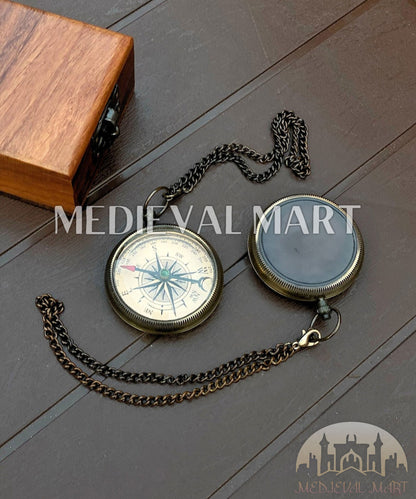 MEDIEVALMART Nautical Custom Engrave Adventure Locket Compass Black Finish W/H Gen-1 Wooden Case| Gift For Dad