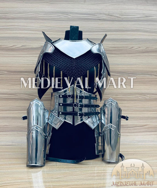 MEDIEVALMART  (Isolara Dragonplate) Women’s Armor W/H Black (Sable Knight) Chainmail + Frost Belt + Arms Armor