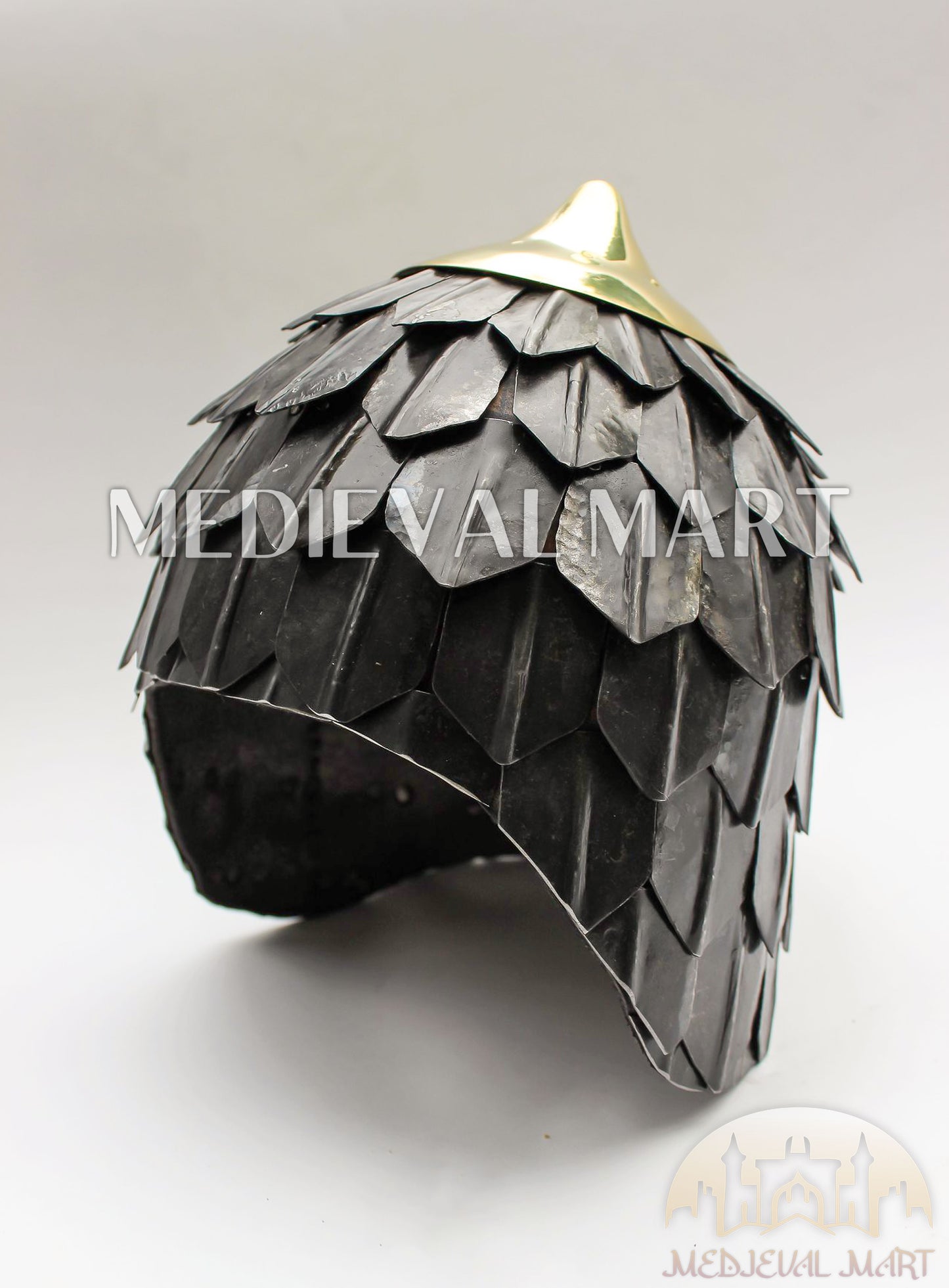 MEDIEVALMART Medieval Historical Scaled Skull Cap Helmet W/H Antique Black Polished & Carbon Steel