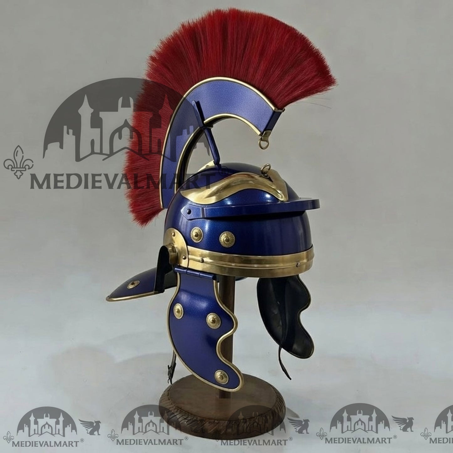 MEDIEVALMART Gallic Roman Centurion Blue Finish Helmet Replica Red Plume with Free Stand