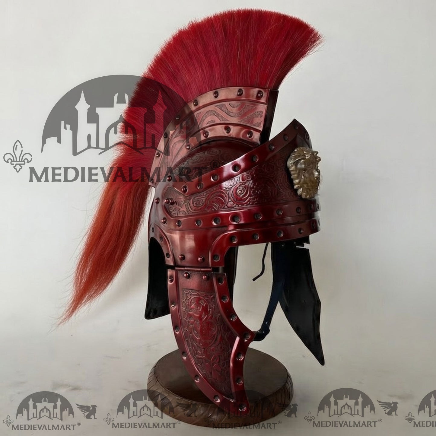 MEDIEVALMART Medieval Roman Centurion Maroon Red Finish Helmet with Red Plume or Free Wooden Stand