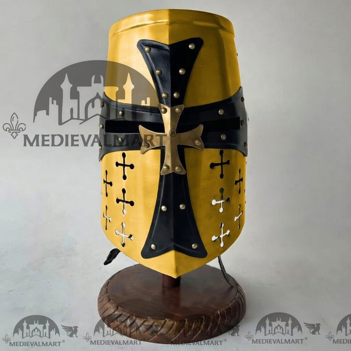 MEDIEVALMART Special Templar Crusader Knight Yellow Finish Helmet W/H Free Stand