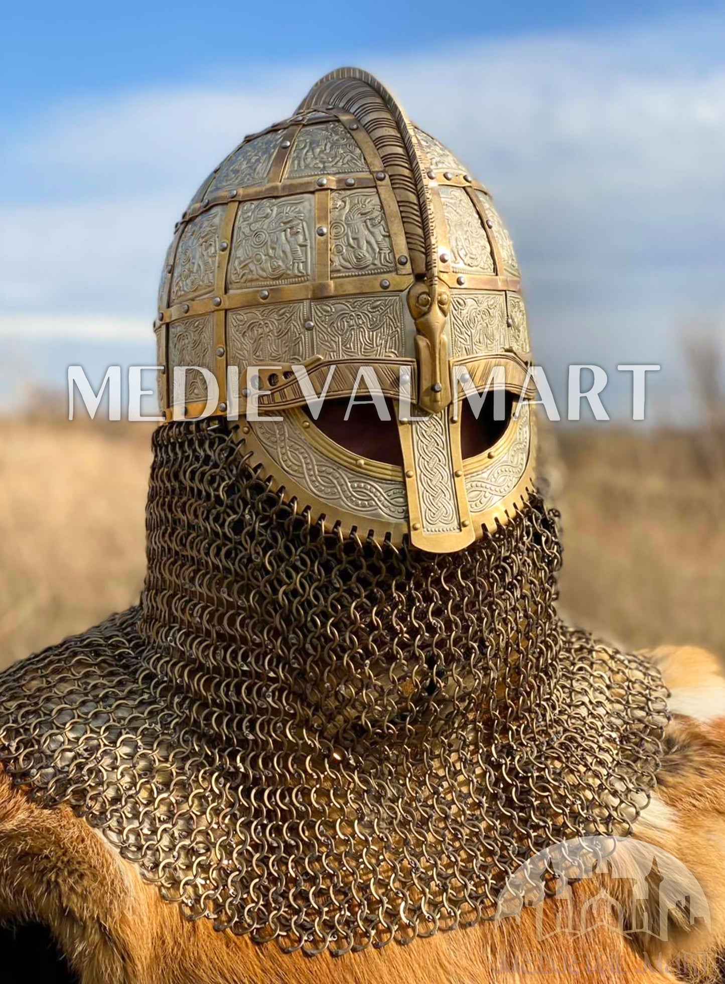 MEDIEVALMART Medieval Viking Vendel Period Broa Helmet with Brass Decoration & Titanium Chainmail