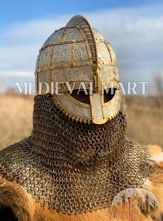 MEDIEVALMART Casque Broa médiéval viking de la période de Vendel avec décorations en laiton et cotte de mailles en titane
