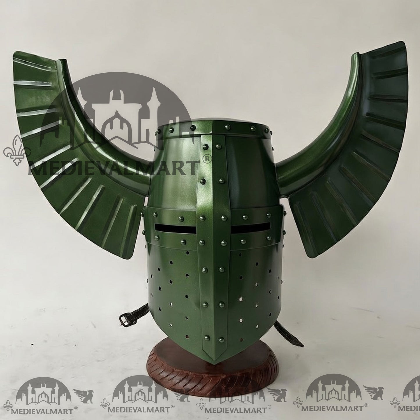 MEDIEVALMART Medieval Templar Warrior Teutonic Jade Green Finish Wing Helmet with Free Stand