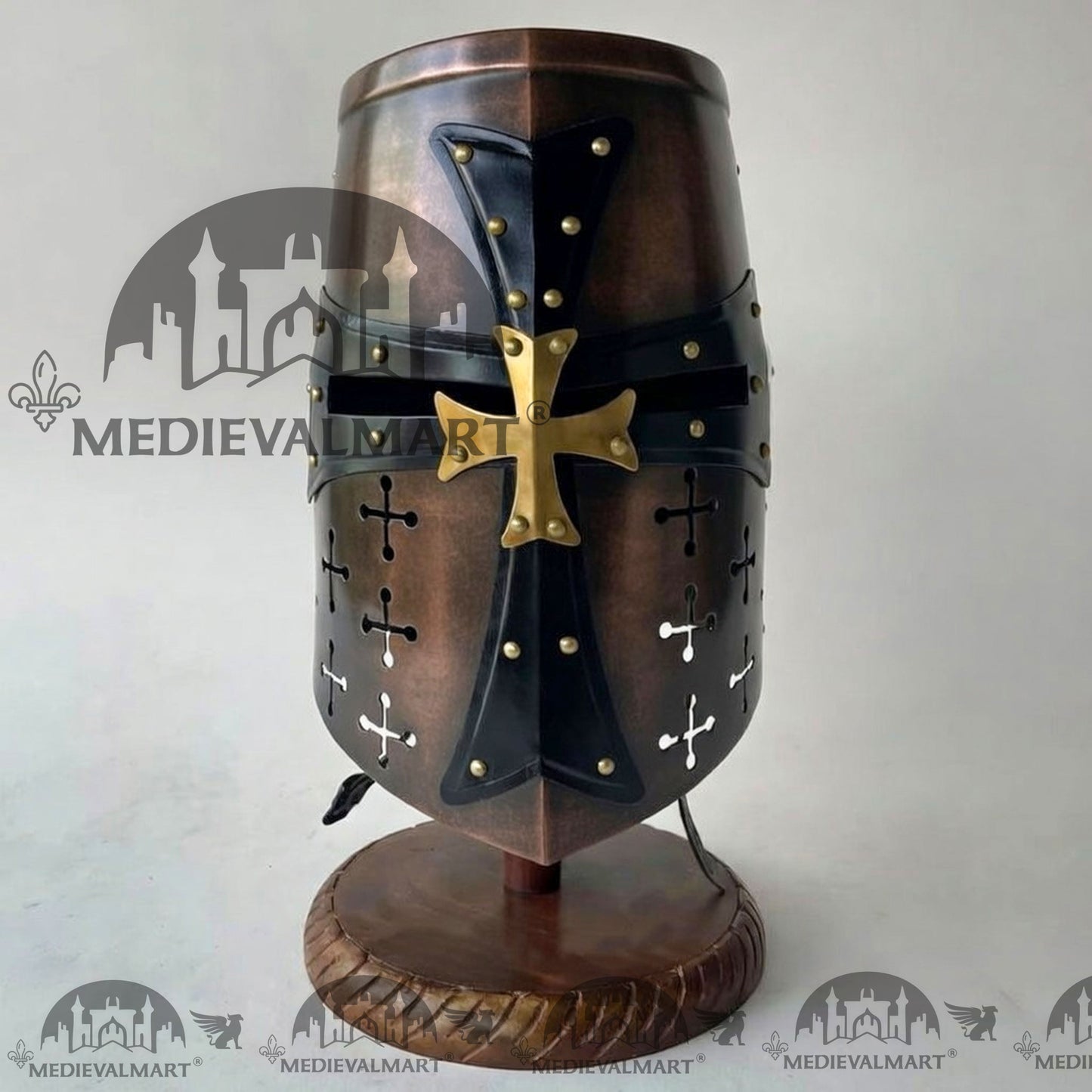 MEDIEVALMART Special Templar Crusader Knight Antique Bronze Finish Helmet W/H Free Stand