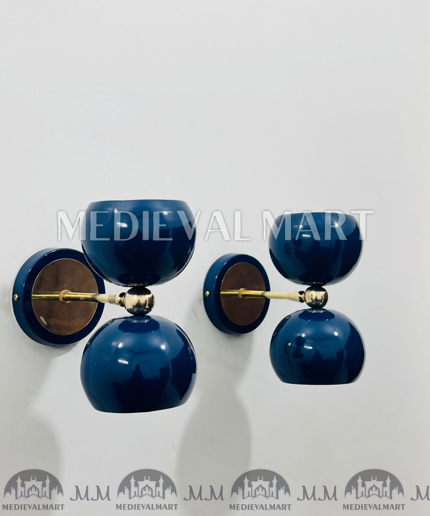 MEDIEVALMART Mid-Century Italian Brass Diabolo Wall Sconce Pair - Blue Lamp (Set of 2)