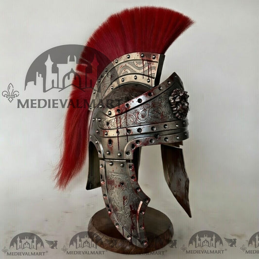 MEDIEVALMART Casque romain médiéval de centurion argenté endommagé avec finition sang et panache rouge ou support en bois gratuit