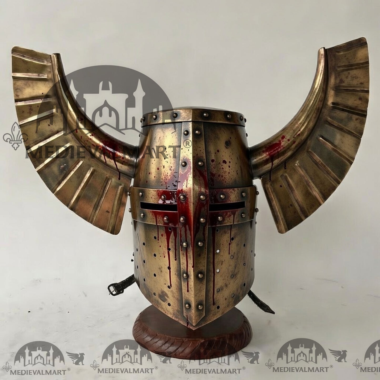MEDIEVALMART Medieval Templar Warrior Teutonic Damage Gold W/H Blood Finish Finish Wing Helmet with Free Stand
