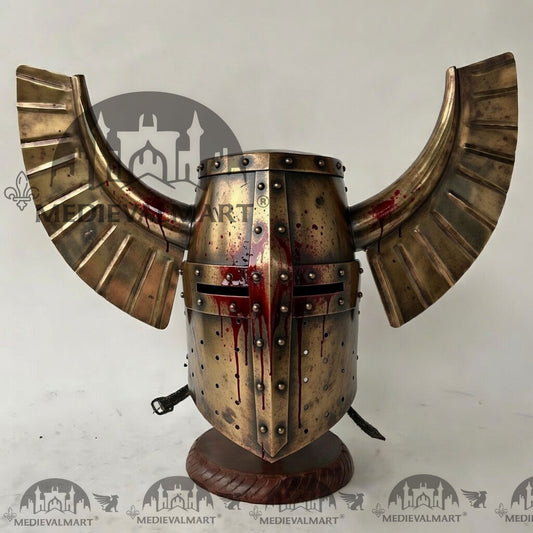 MEDIEVALMART Casque de chevalier templier teutonique avec finitions dorées endommagées et traces de sang, avec support gratuit