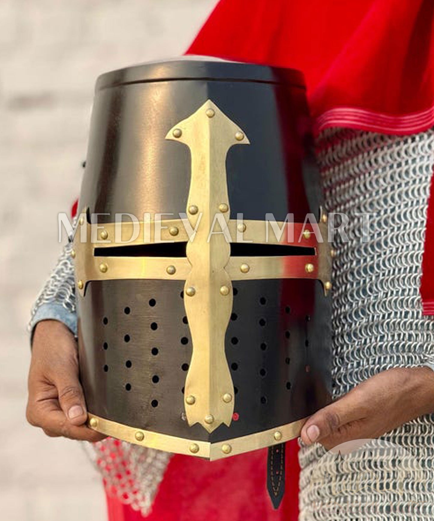 MEDIEVALMART Medieval Black Knight Templar Crusader  Knight Helmet W/H Brass Deco for LARP or Cosplay - Gift For Dad