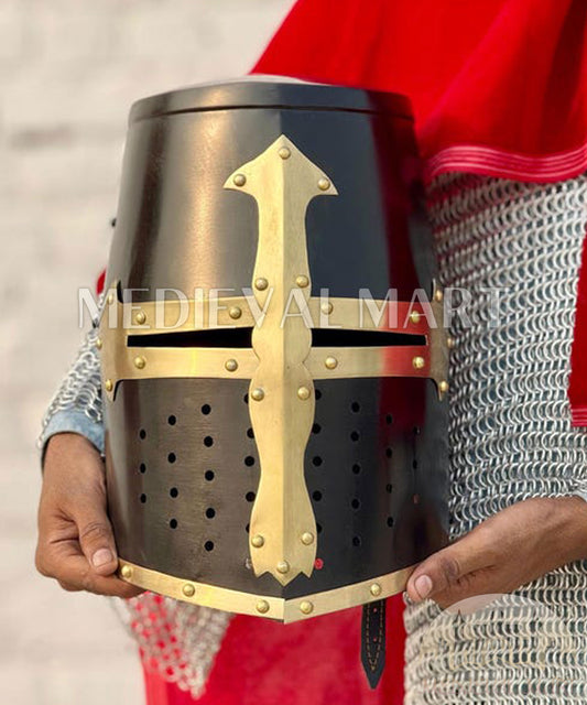 MEDIEVALMART Medieval Black Knight Templar Crusader  Knight Helmet W/H Brass Deco for LARP or Cosplay - Gift For Dad