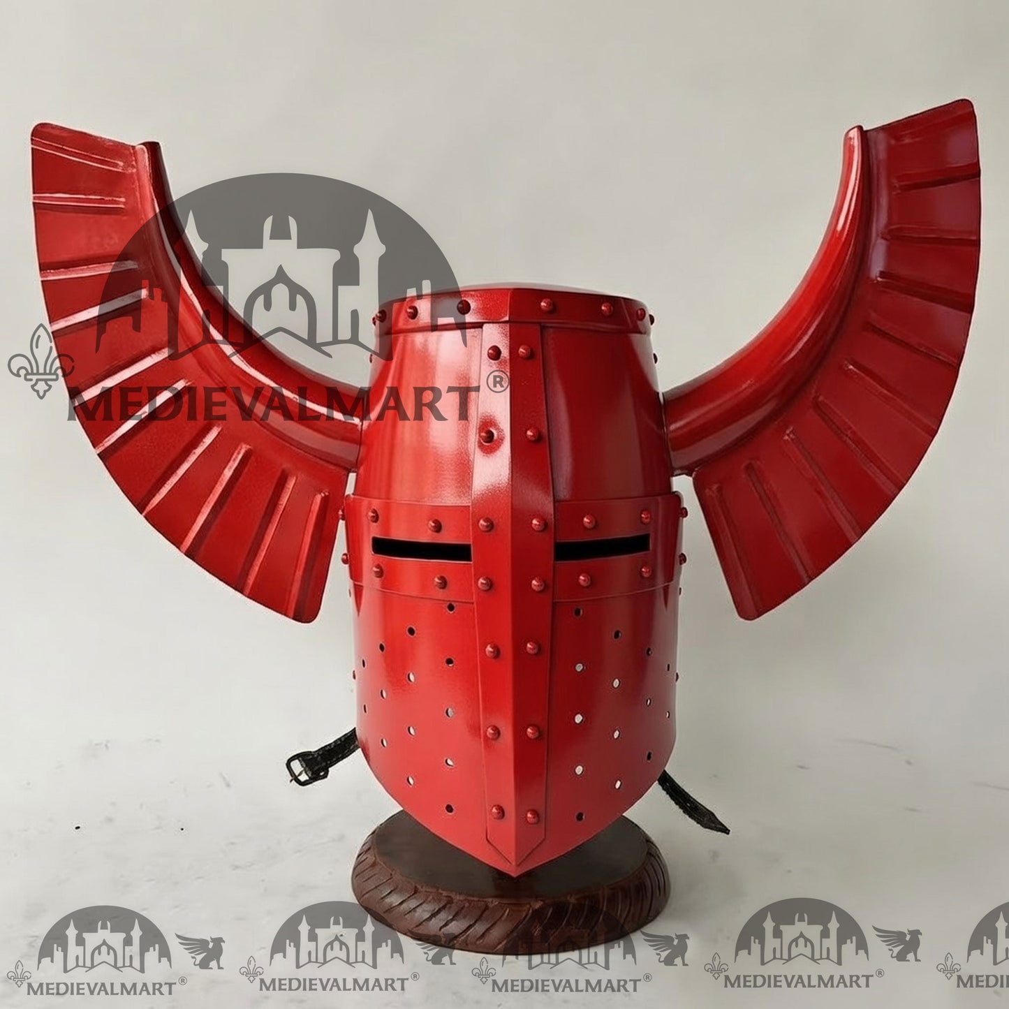 MEDIEVALMART Medieval Templar Warrior Teutonic Red Finish Wing Helmet with Free Stand