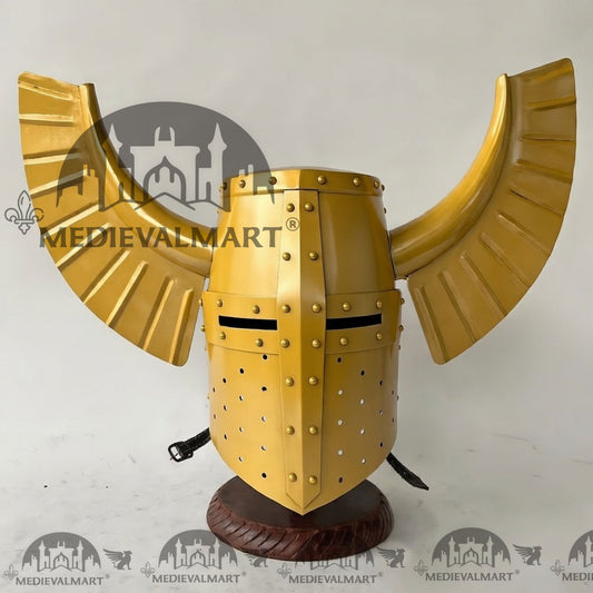 MEDIEVALMART Casque médiéval de guerrier templier teutonique finition jaune avec support gratuit