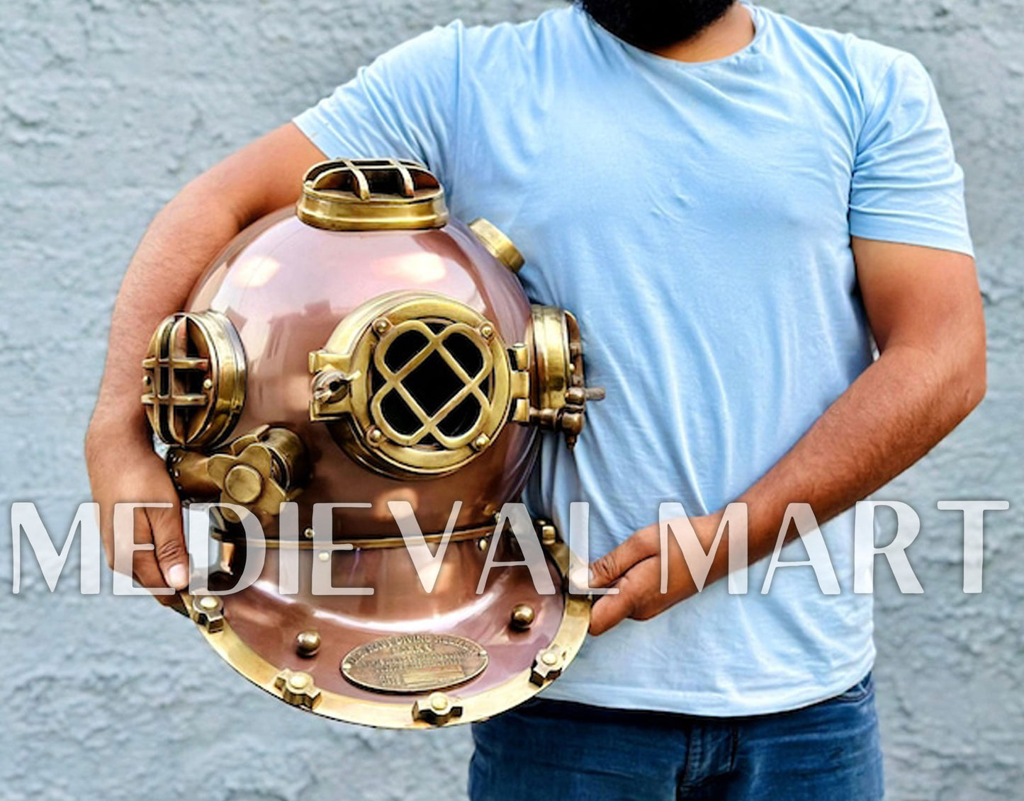 MEDIEVALMART Nautical Brown Finish Diving Helmet With Wooden Base