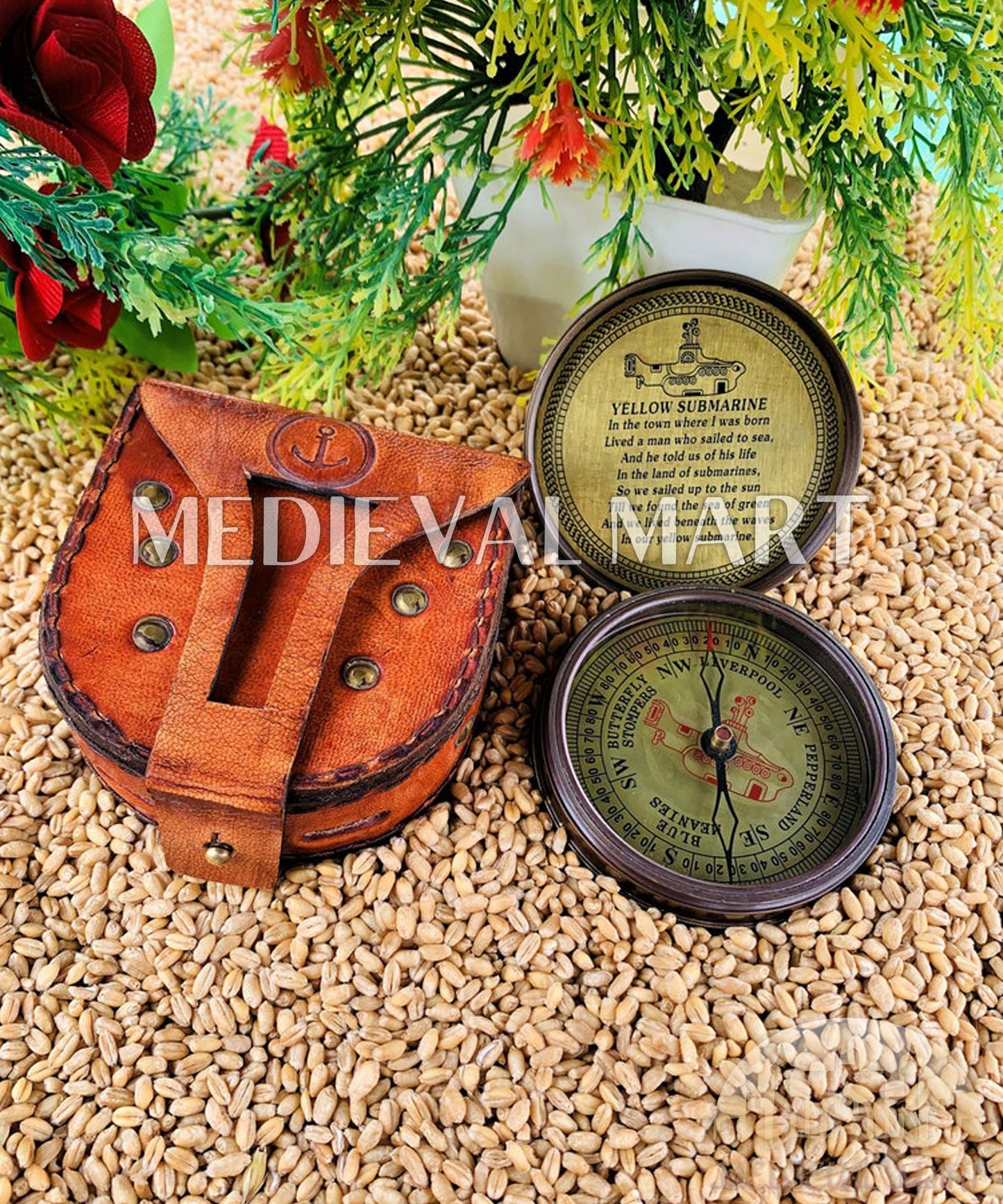 MEDIEVALMART Nautical Vintage The Beatles Custom Working Compass Antique Finish W/H Leather Case | Gift For Mom & Dad