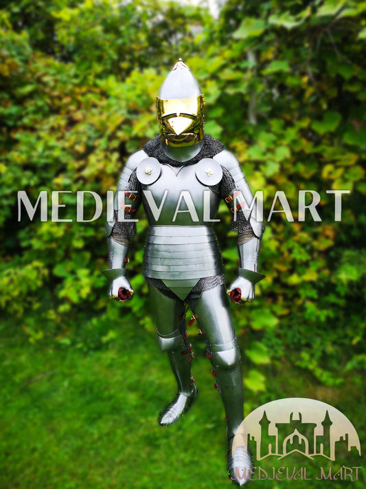MEDIEVALMART 15th-Century English knight Warrior Gothic Plate Armor Costume W/H Gold Face Hounskull Helmet