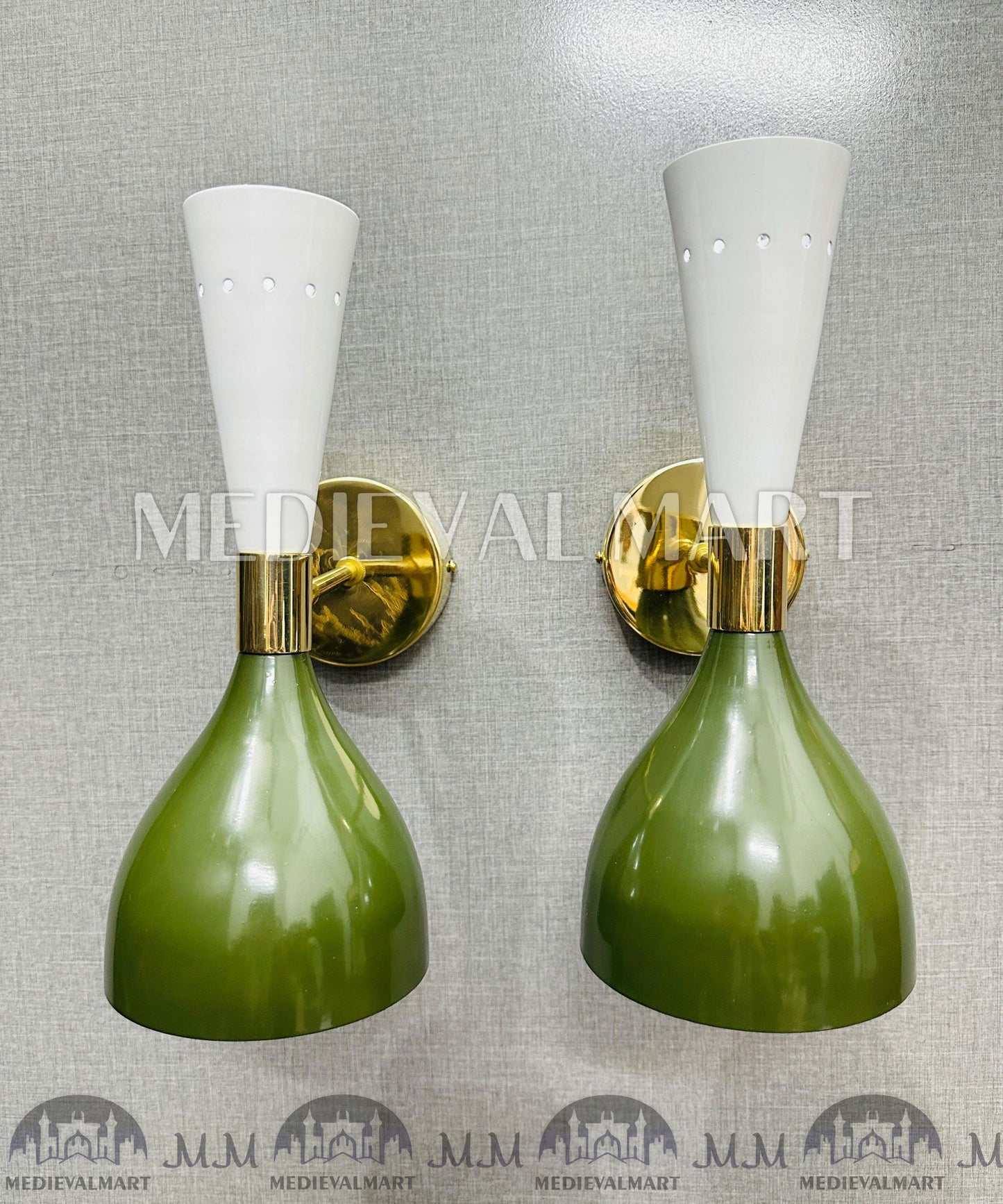 MEDIEVALMART Handmade Brass Double Cone Sconces Olive Green & White Vanity Lights