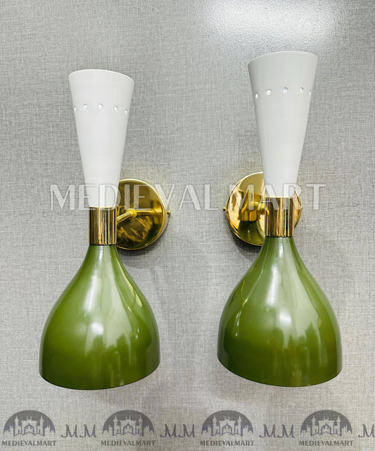 MEDIEVALMART Handmade Brass Double Cone Sconces Olive Green & White Vanity Lights