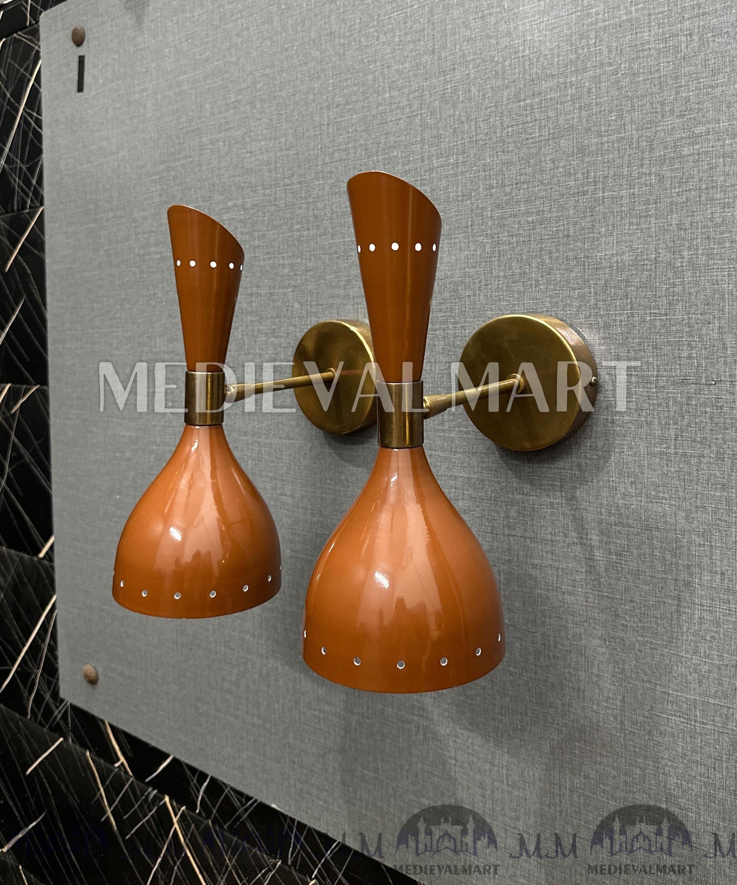 MEDIEVALMART Brass Double Cone Sconce Brown Wall Lamp, Handmade Vanity Light