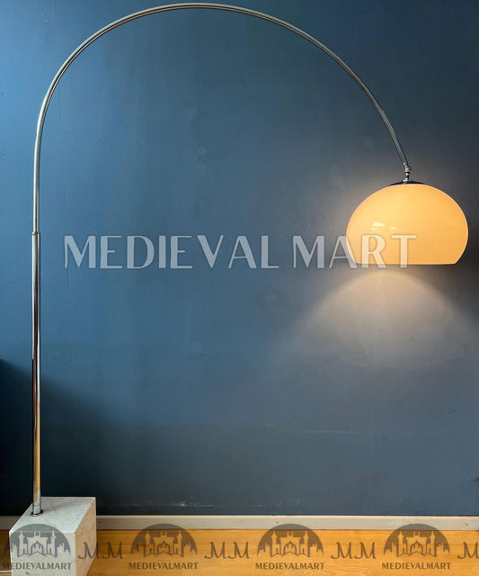MEDIEVALMART Vintage Guzzini Space Age Arc Floor Lamp with White Mushroom Shade and Marble Base