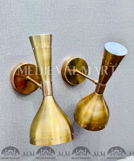 MEDIEVALMART Mid Century Brass Diabolo Wall Sconce Pair: Italian Style Lighting