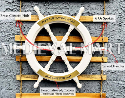 MEDIEVALMART Nautical Ship Wheel White Finish - Personal Engraving Marine Wall Decor