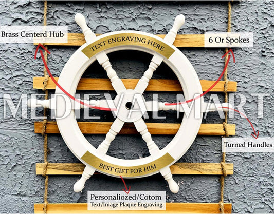 MEDIEVALMART Nautical Ship Wheel White Finish - Personal Engraving Marine Wall Decor