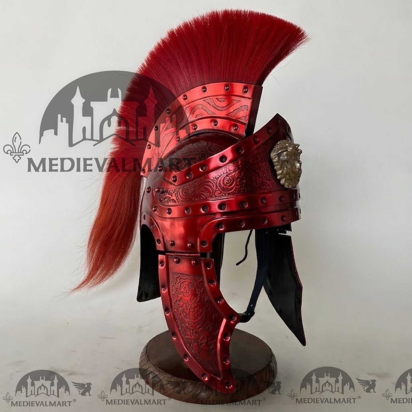 MEDIEVALMART Medieval Roman Centurion Red Finish Helmet with Red Plume or Free Wooden Stand