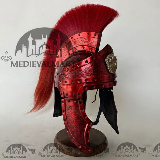 MEDIEVALMART Casque de centurion romain médiéval finition rouge avec panache rouge ou support en bois offert