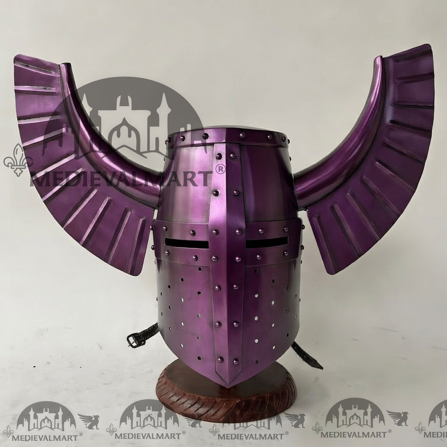 MEDIEVALMART Medieval Templar Warrior Teutonic Purple Finish Wing Helmet with Free Stand