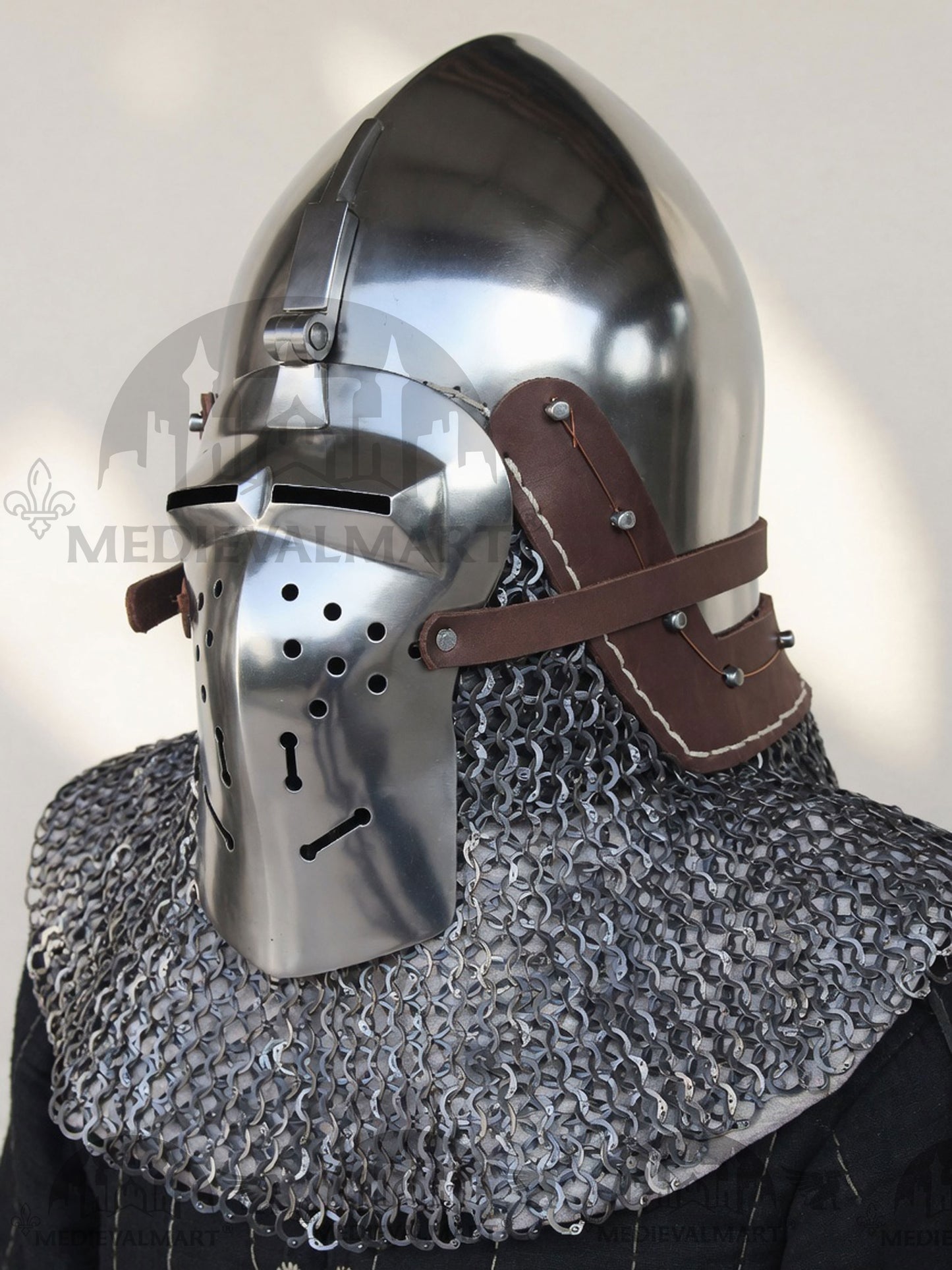 MEDIEVALMART Medieval Klappvisier Bascinet Helmet with Hinged Visor & Chainmail Aventail, Best for Reenactment