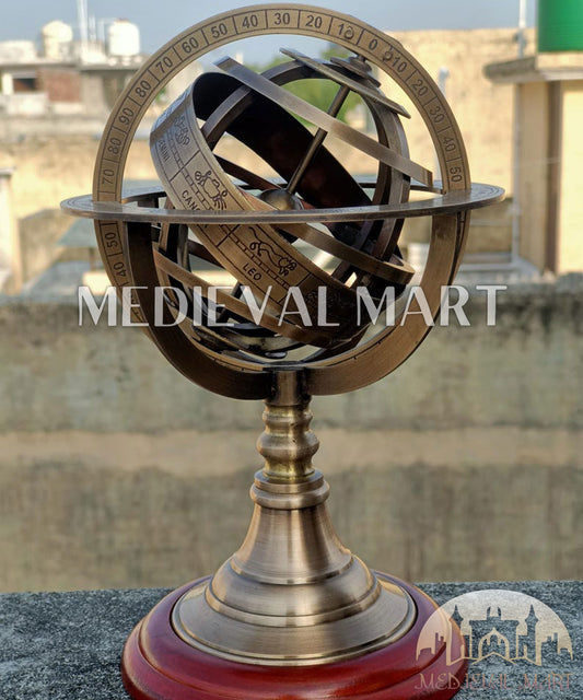 MEDIEVALMART Anitque Brass Armillary Sphere on Wooden Base: Nautical Home Decor Gift for Christmas