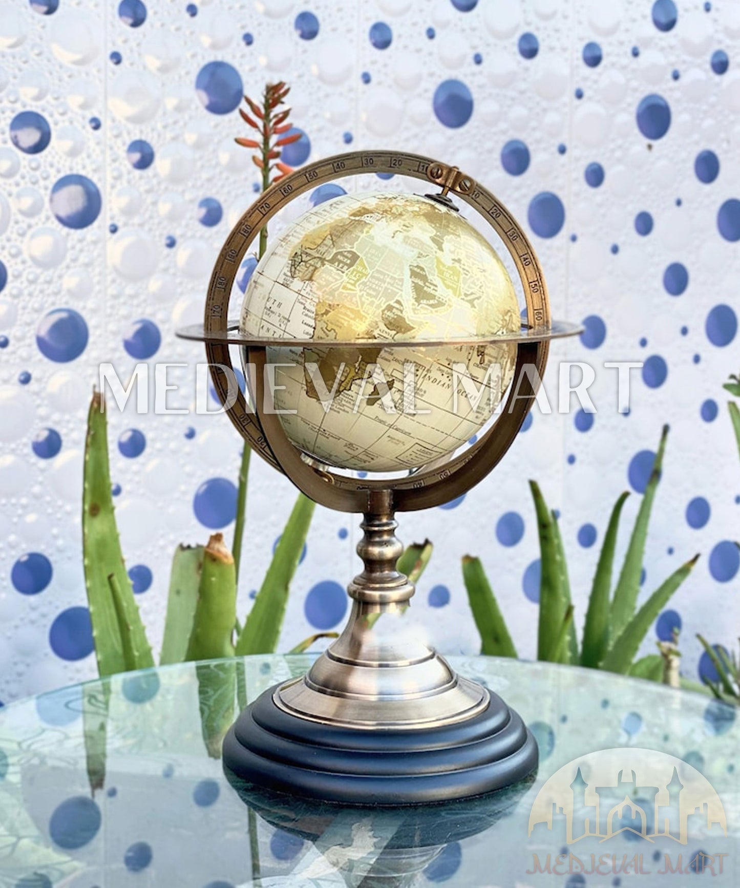 MEDIEVALMART Globe terrestre de table vintage en laiton fait main : Décoration de maison et de bureau de style antique, cadeau pour papa