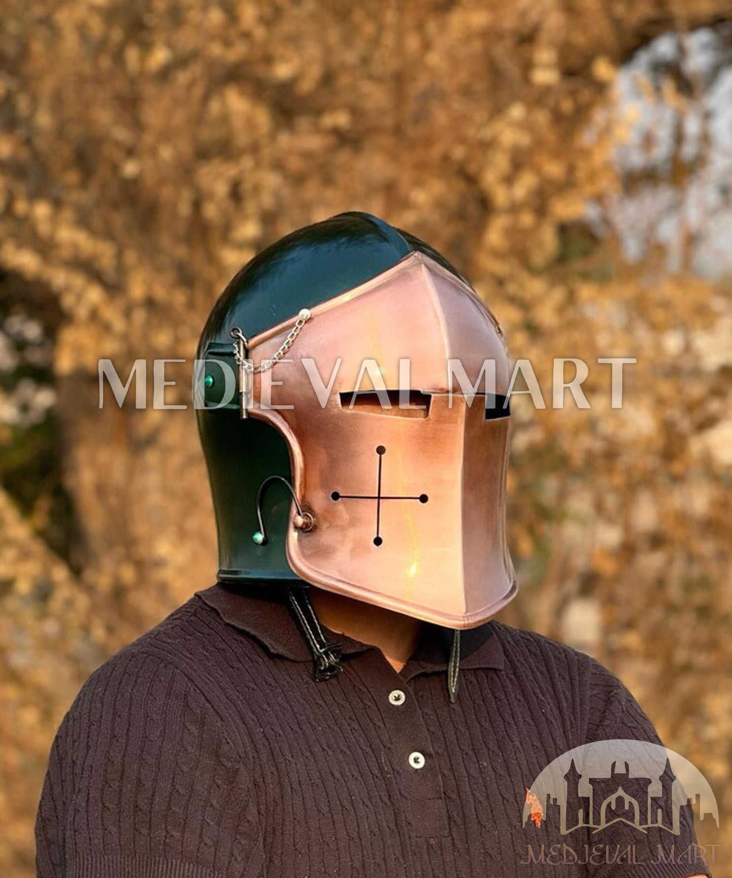 MEDIEVALMART Medieval Knight Armor 18g Mild Steel Copper Green Barbuta Helmet for LARP or Cosplay - Gift For Dad