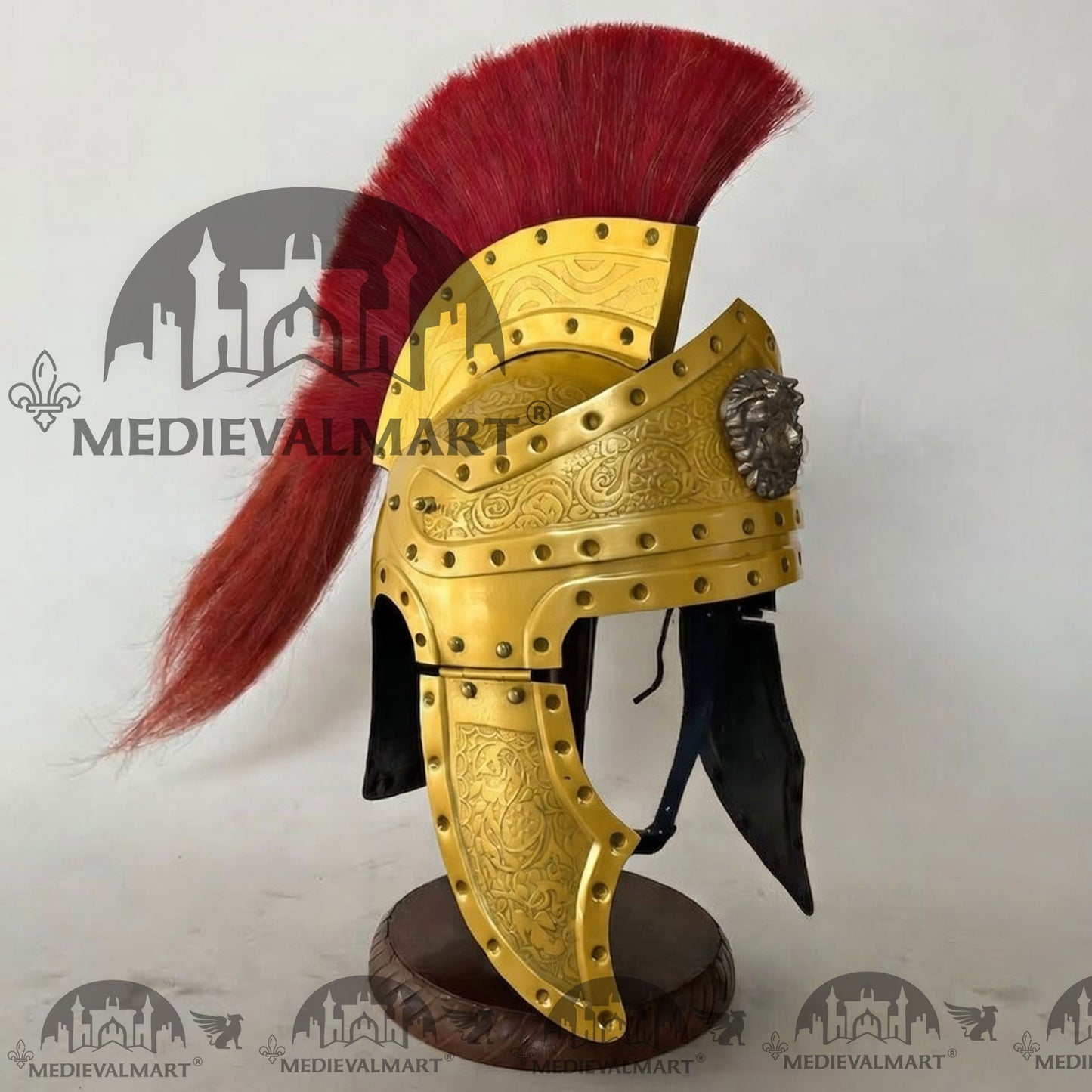 MEDIEVALMART Medieval Roman Centurion Yellow Finish Helmet with Red Plume or Free Wooden Stand