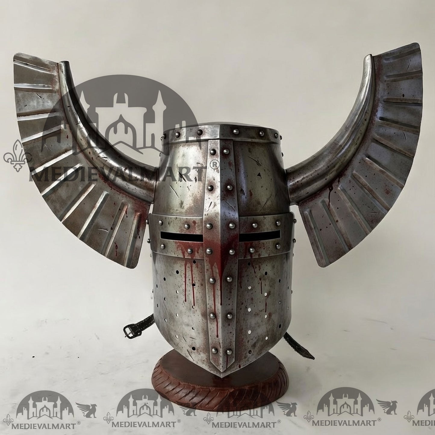 MEDIEVALMART Medieval Templar Warrior Teutonic Damage Silver W/H Blood Finish Wing Helmet with Free Stand