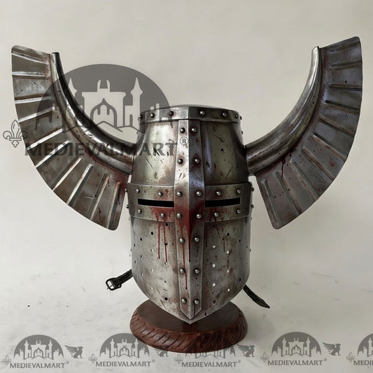 MEDIEVALMART Casque ailé de guerrier templier teutonique médiéval argenté vieilli avec finition sanglante et support gratuit