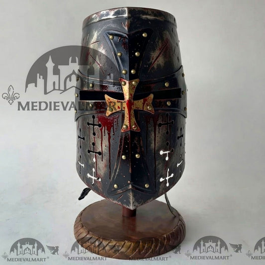 MEDIEVALMART Casque de Chevalier Templier Croisé Endommagé Noir avec Finition Sang et Support Gratuit