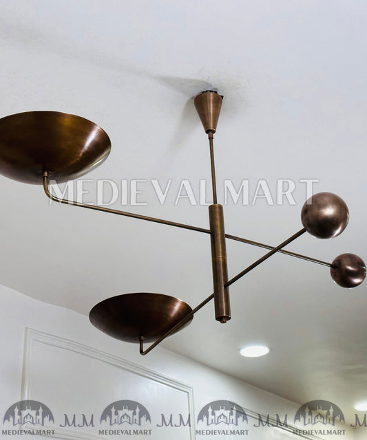 MEDIEVALMART Antique Italian Brass Mid Century Modern Chandelier | 2-Light Counterweight Fixture