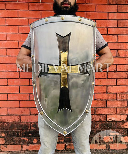 MEDIEVALMART Medieval Crusader Knight Templar Shield W/H Brass & Black Cross | Gift for Dad