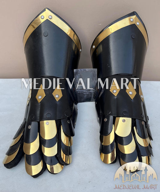 MEDIEVALMART LOTR Witcher Sauron-Inspired Exclusive Black Gauntlet Edition Set with Gold Deco - Cosplay Gloves Armor