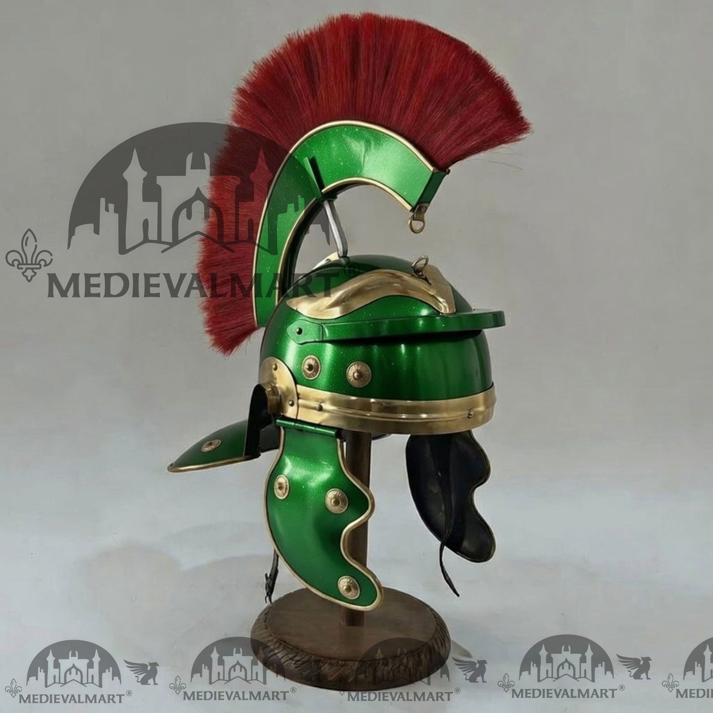 MEDIEVALMART Gallic Roman Centurion Green Finish Helmet Replica Red Plume with Free Stand