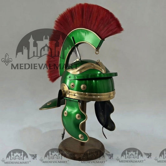 MEDIEVALMART Réplique de casque de centurion romain gaulois finition verte panache rouge avec support gratuit