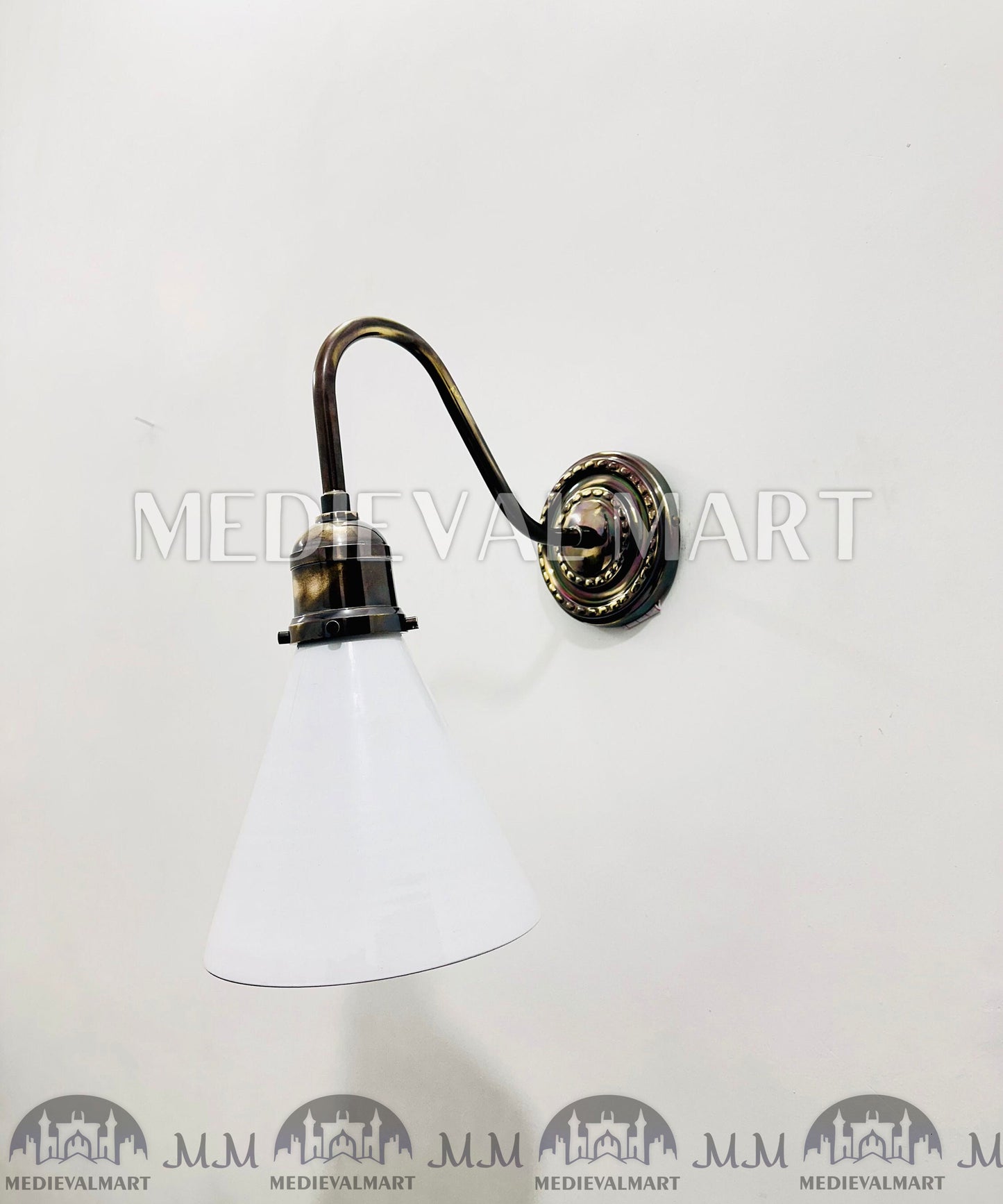 MEDIEVALMART Mid Century Modern Brass Diabolo Wall Lamp - White Glass Sconce