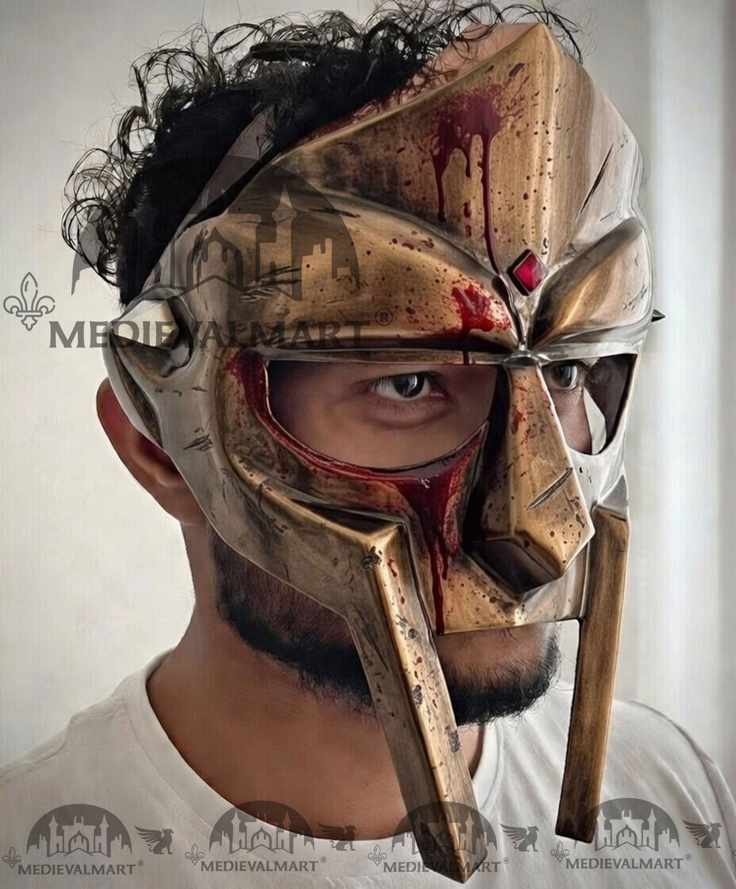 MEDIEVALMART PREMIUM MF DOOM Mask Mad Villain Battle Damage Bronze Finish Steel Face Armor