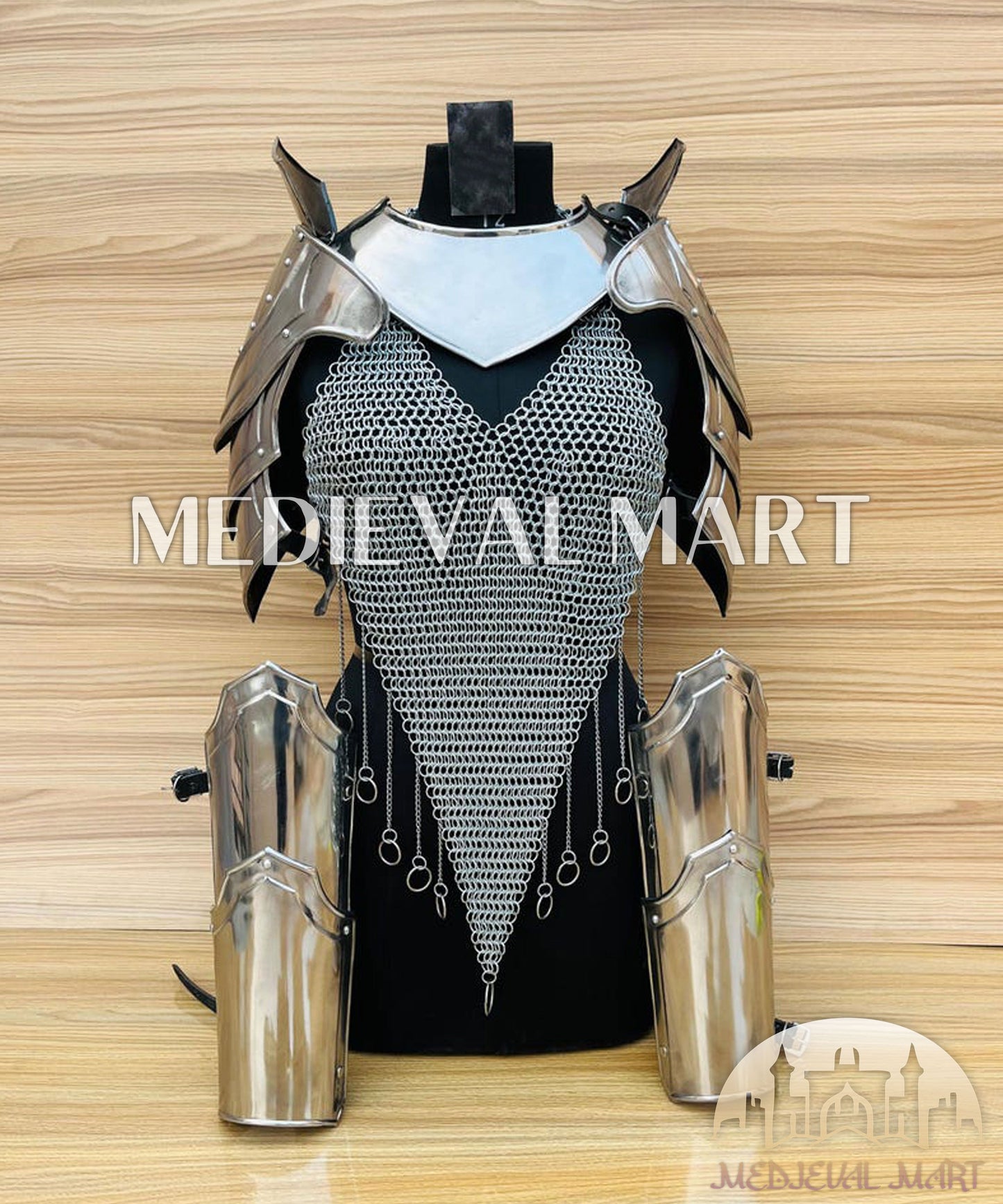 MEDIEVALMART (Isolara Dragonplate) Women’s Armor W/H Silver (DragonFang) Chainmail + Arms Armor