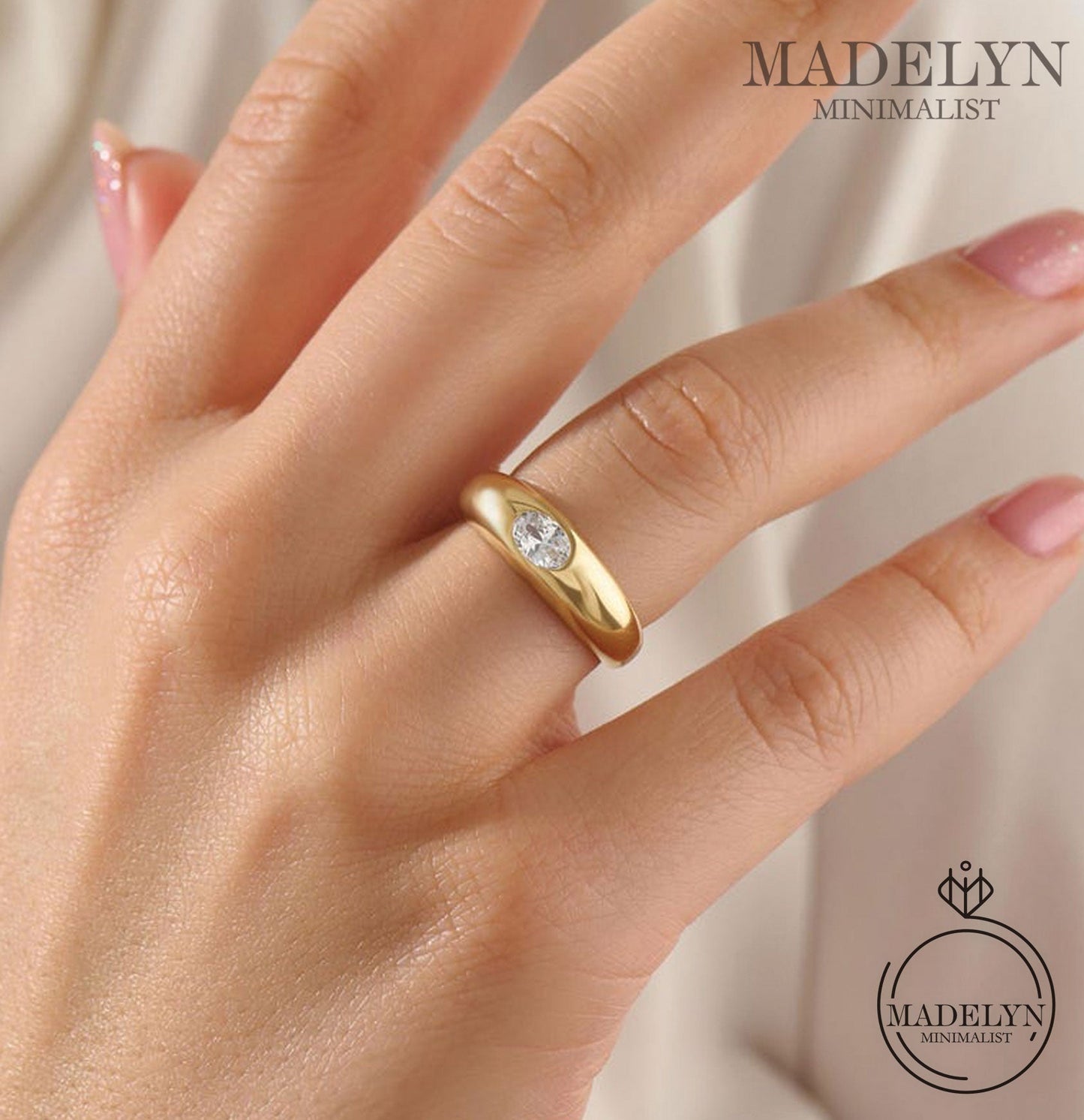 MADELYN MINIMALIST 14k Solid Gold Bezel Diamond Dome Engagement Ring Chunky Thick Band | Gift for Mom